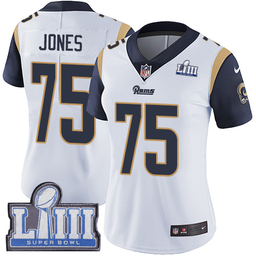 #75 Limited Deacon Jones White Nike NFL Road Women’s Jersey Los Angeles Rams Vapor Untouchable Super Bowl LIII Bound