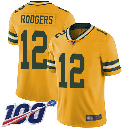 Packers #12 Aaron Rodgers Yellow Men’s Stitched Football Limited Rush 100th Season Jersey