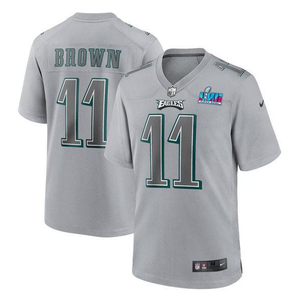Men’s Philadelphia Eagles #11 A.J. Brown Gray Super Bowl LVII Patch Atmosphere Fashion Stitched Game Jersey