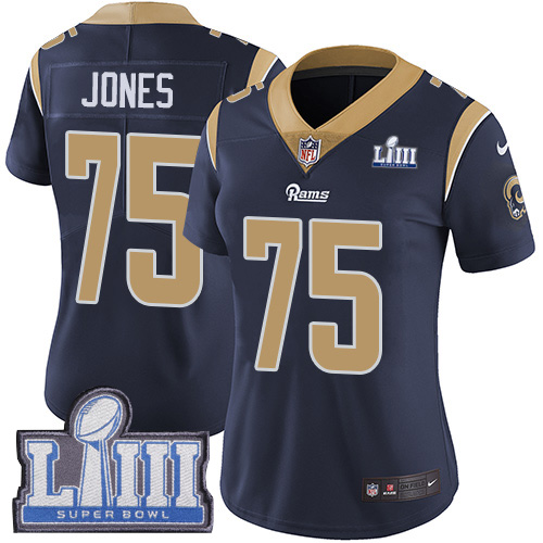 #75 Limited Deacon Jones Navy Blue Nike NFL Home Women’s Jersey Los Angeles Rams Vapor Untouchable Super Bowl LIII Bound