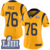 #76 Limited Orlando Pace Gold Nike NFL Women’s Jersey Los Angeles Rams Rush Vapor Untouchable Super Bowl LIII Bound