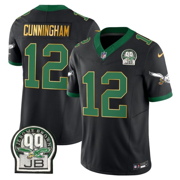 Eagles Jerome Brown Patch Kelly Green Gold Trim Jersey – All Stitched – Black – Randall Cunningham Jersey