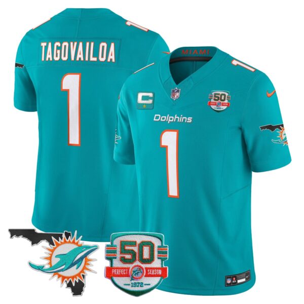 Dolphins 50th Perfect Season & Florida Patch Vapor Jersey – All Stitched – Aqua – Tua Tagovailoa Jersey
