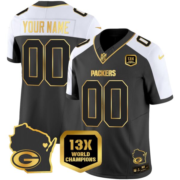 Packers 13 Time World Champions & Home Patch Gold Vapor Jersey V2 – All Stitched – Alternate Jersey