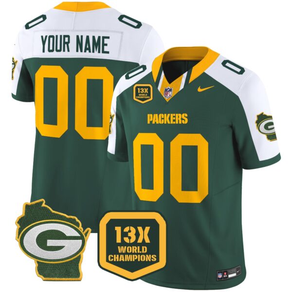 Packers 13 Time World Champions & Home Patch Vapor Limited Custom Jersey – All Stitched – Alternate Jersey