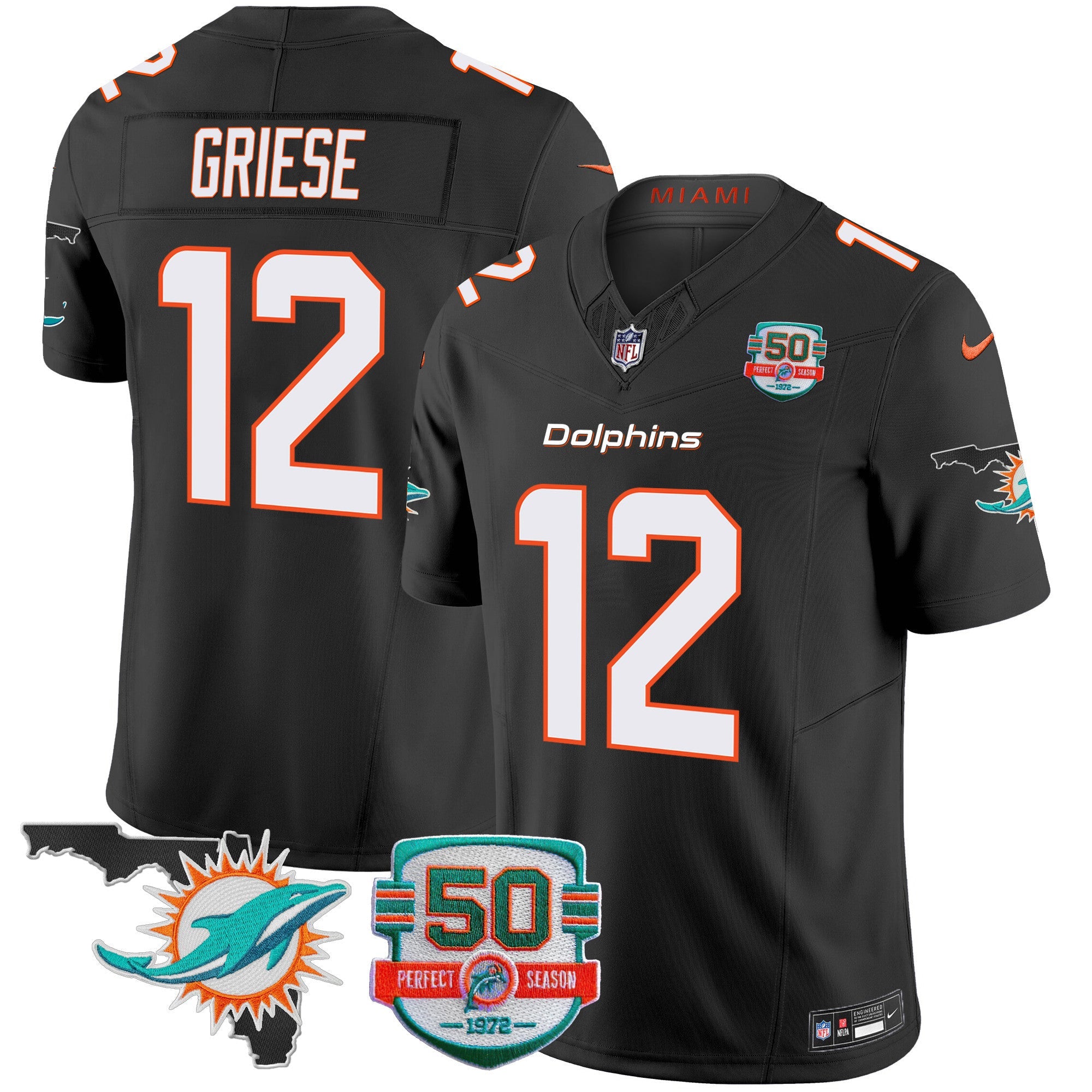Dolphins 50th Perfect Season & Florida Patch Vapor Jersey – All Stitched – Black – Bob Griese Jersey