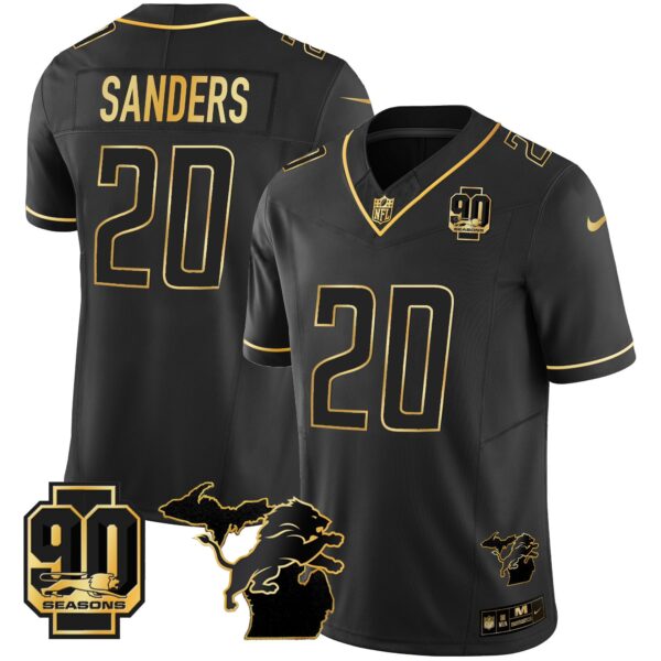 Detroit Lions 90th Year & Michigan Patch Gold Vapor Jersey – All Stitched – Black Gold – Barry Sanders Jersey