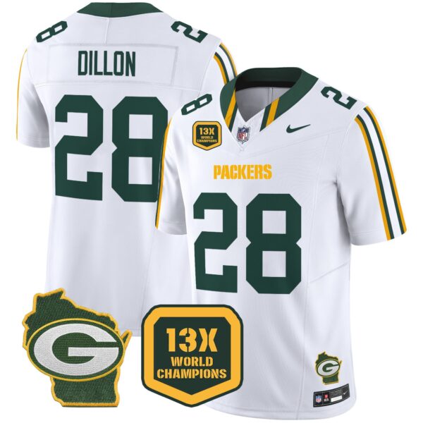 Packers 13 Time World Champions & Home Patch Vapor Limited Jersey – All Stitched – White – AJ Dillon Jersey
