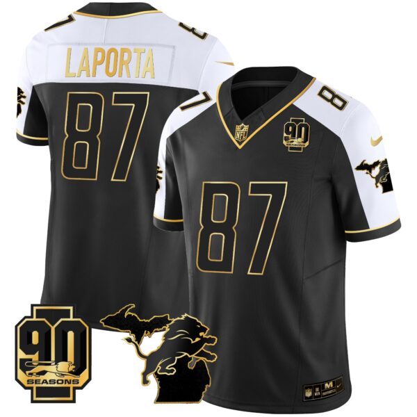 Detroit Lions 90th Year & Michigan Patch Gold Vapor Jersey – All Stitched – Alternate – Sam Laporta Jersey