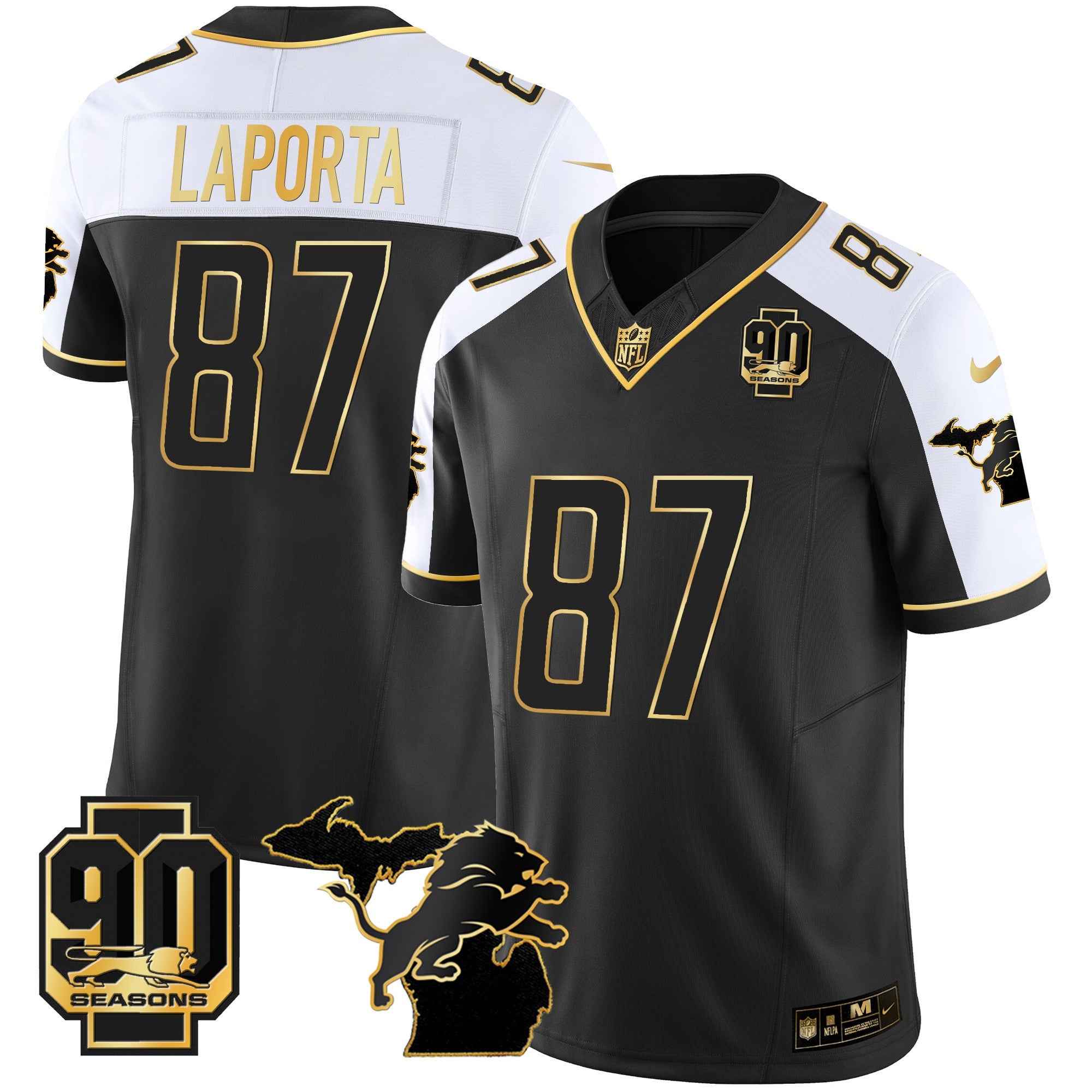 Detroit Lions 90th Year & Michigan Patch Gold Vapor Jersey – All Stitched – Alternate – Sam Laporta Jersey