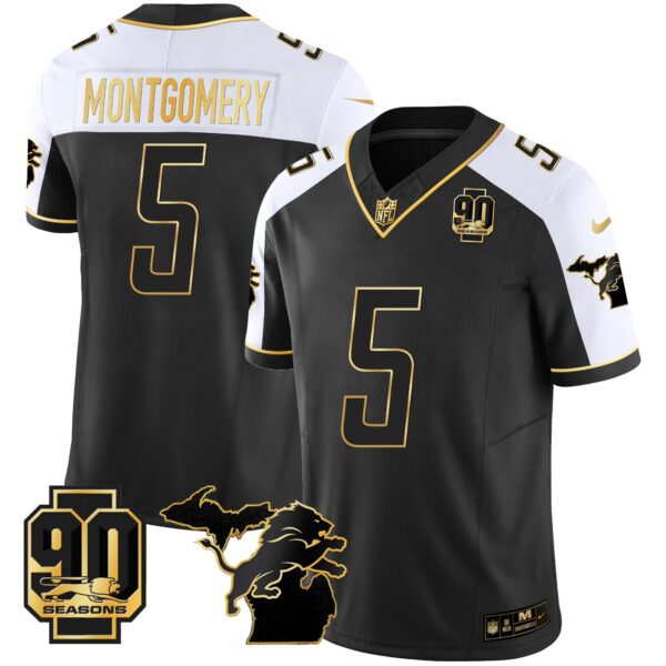 Detroit Lions 90th Year & Michigan Patch Gold Vapor Jersey – All Stitched – Alternate – David Montgomery Jersey