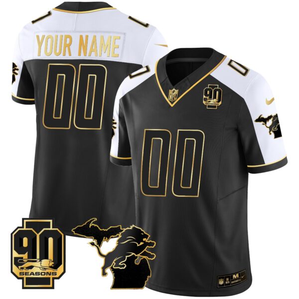 Detroit Lions 90th Year & Michigan Patch Gold Vapor Custom Jersey – All Stitched – Alternate Jersey