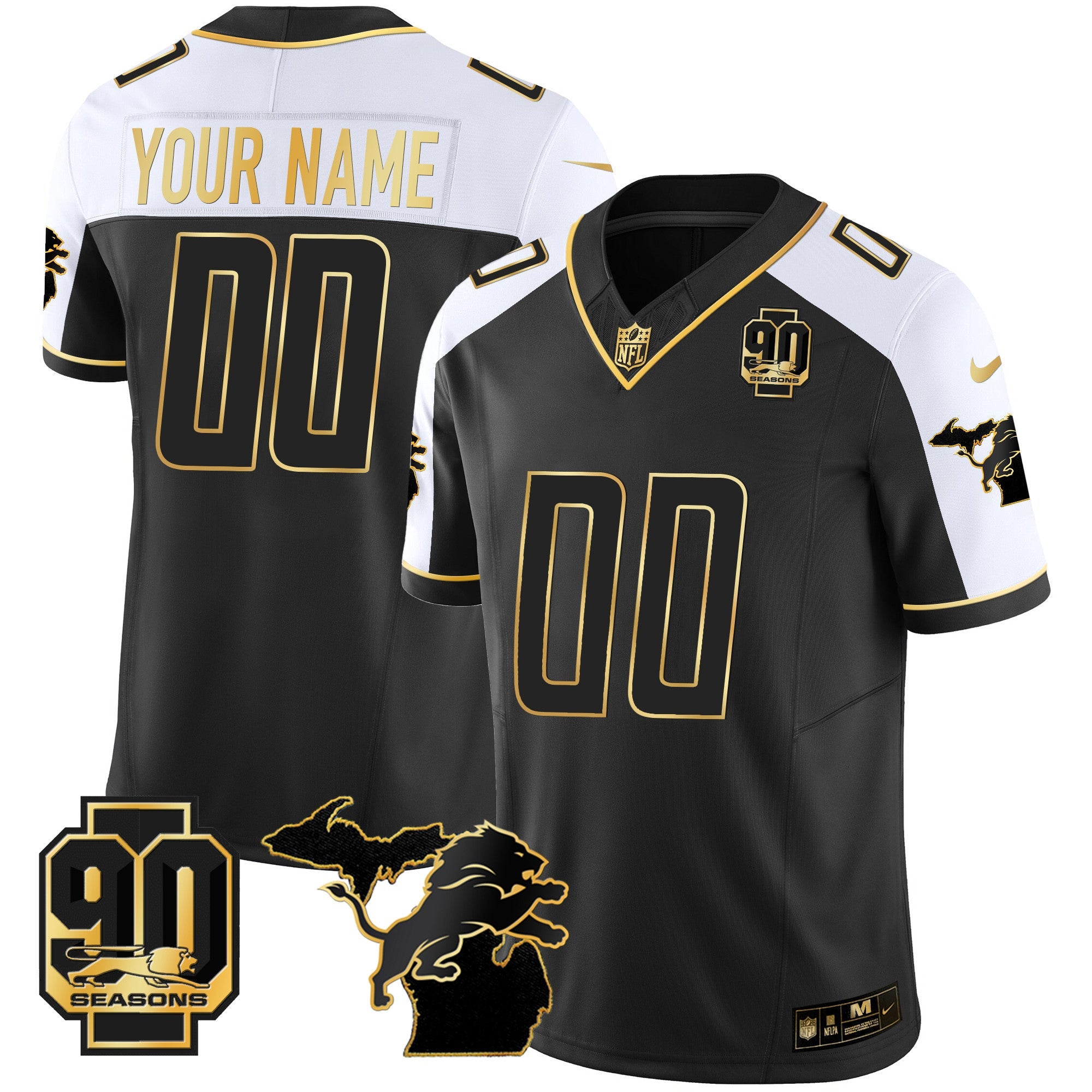 Detroit Lions 90th Year & Michigan Patch Gold Vapor Custom Jersey – All Stitched – Alternate Jersey