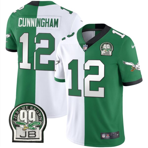 Eagles Jerome Brown Retired Patch Gold & Kelly Jersey – All Stitched – Split – Randall Cunningham Jersey