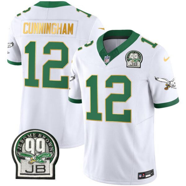 Eagles Jerome Brown Patch Kelly Green Gold Trim Jersey – All Stitched – Kelly White – Randall Cunningham Jersey