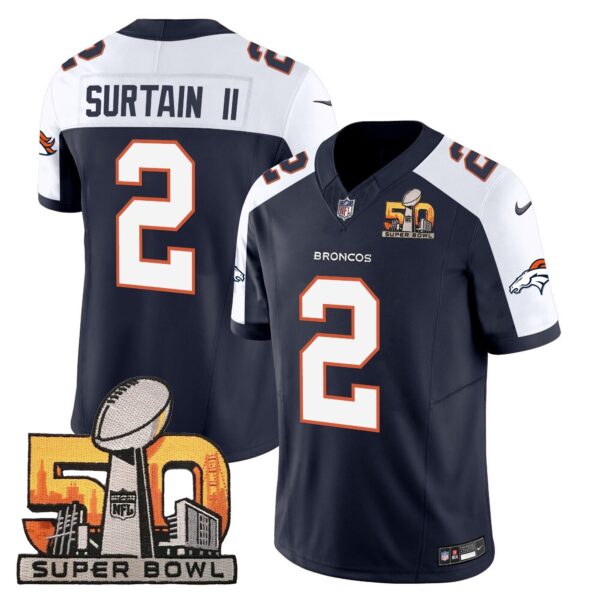 Denver Broncos Super Bowl 50 Patch Vapor Jersey – All Stitched – Navy Alternate – Patrick Surtain II Jersey
