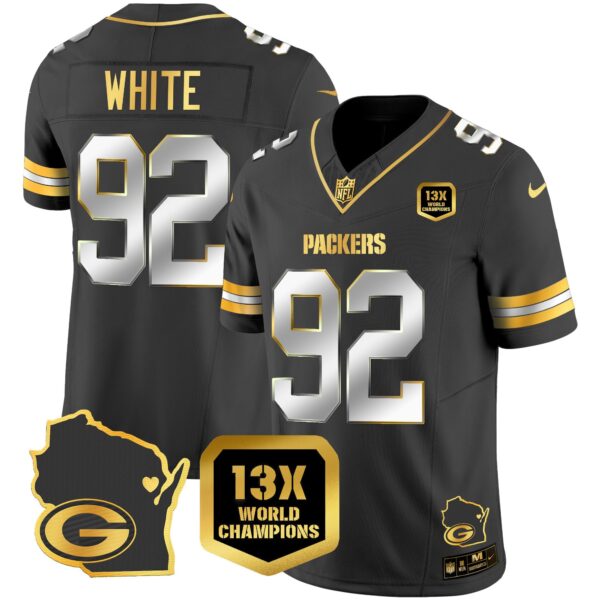 Packers 13 Time World Champions & Home Patch Gold Vapor Jersey V2 – All Stitched – Black Limited – Reggie White Jersey