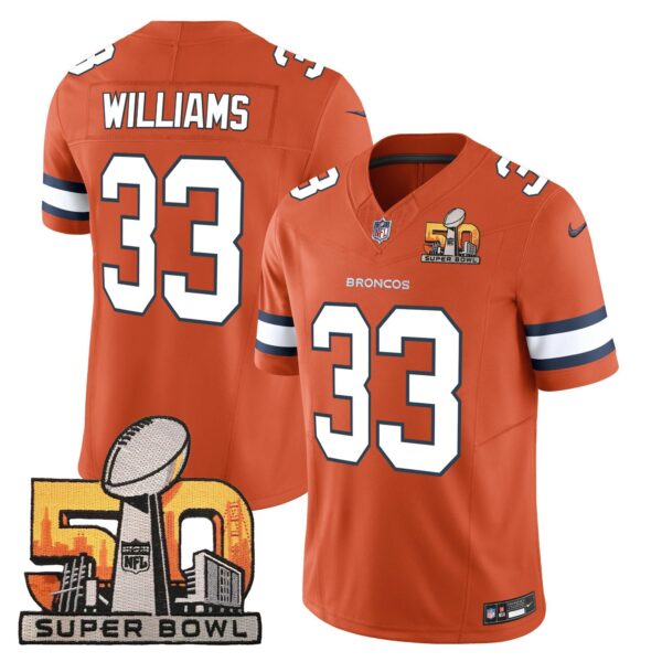 Denver Broncos Super Bowl 50 Patch Vapor Jersey – All Stitched – Orange – Javonte Williams Jersey