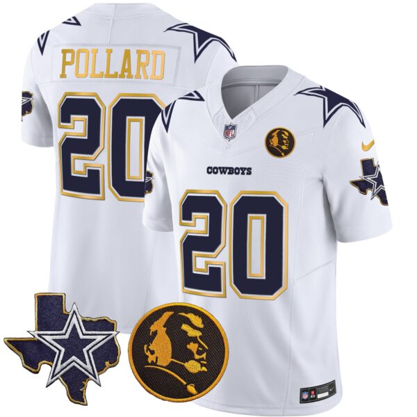 Cowboys Texas & John Madden Patch Gold Trim Vapor Jersey – All Stitched – White – Tony Pollard Jersey