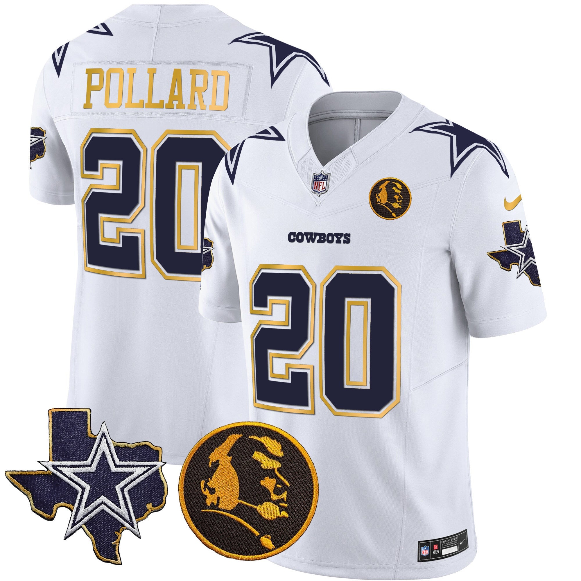 Cowboys Texas & John Madden Patch Gold Trim Vapor Jersey – All Stitched – White – Tony Pollard Jersey