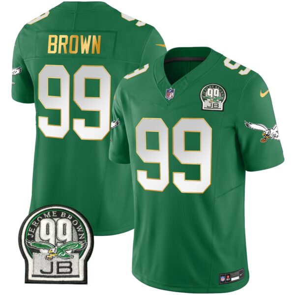 Eagles Jerome Brown Patch Kelly Green Gold Trim Jersey – All Stitched – Kelly Green – Jerome Brown Jersey