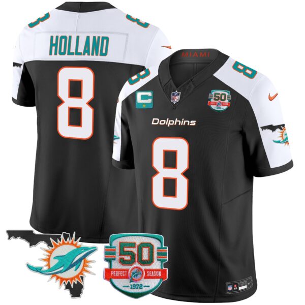 Dolphins 50th Perfect Season & Florida Patch Vapor Jersey – All Stitched – Black Alternate – Jevon Holland Jersey