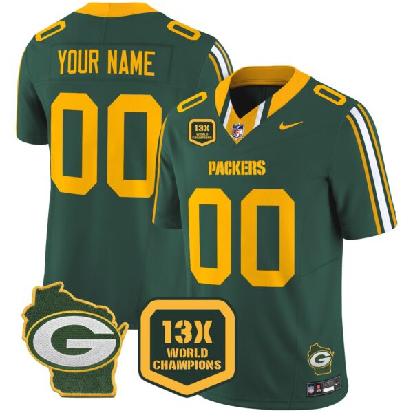 Packers 13 Time World Champions & Home Patch Vapor Limited Custom Jersey – All Stitched – Green Jersey