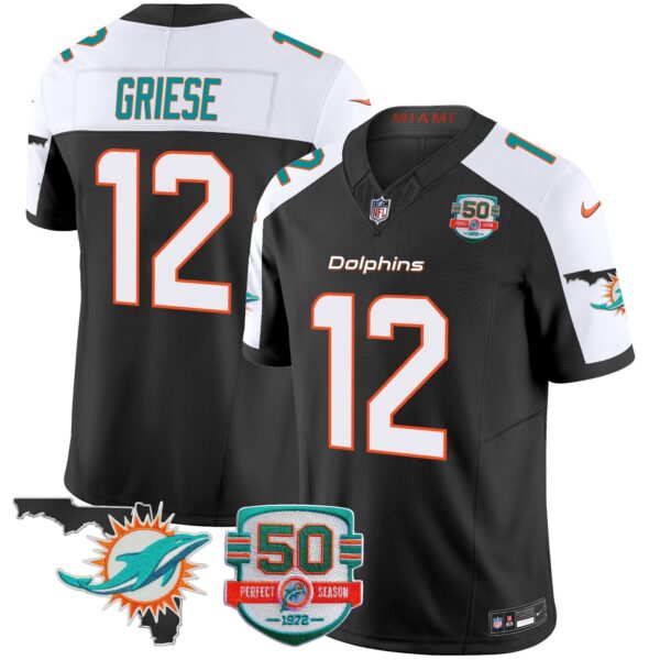 Dolphins 50th Perfect Season & Florida Patch Vapor Jersey – All Stitched – Black Alternate – Bob Griese Jersey