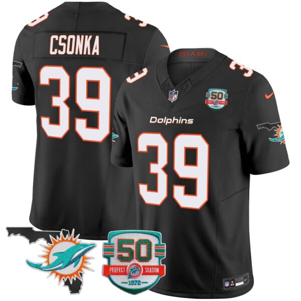 Dolphins 50th Perfect Season & Florida Patch Vapor Jersey – All Stitched – Black – Larry Csonka Jersey
