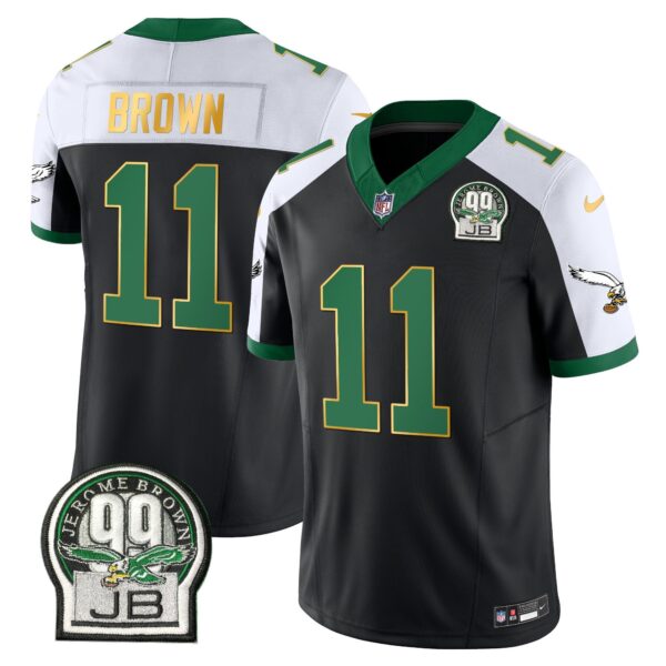 Eagles Jerome Brown Patch Kelly Green Gold Trim Jersey – All Stitched – Black Alternate – A.J. Brown Jersey