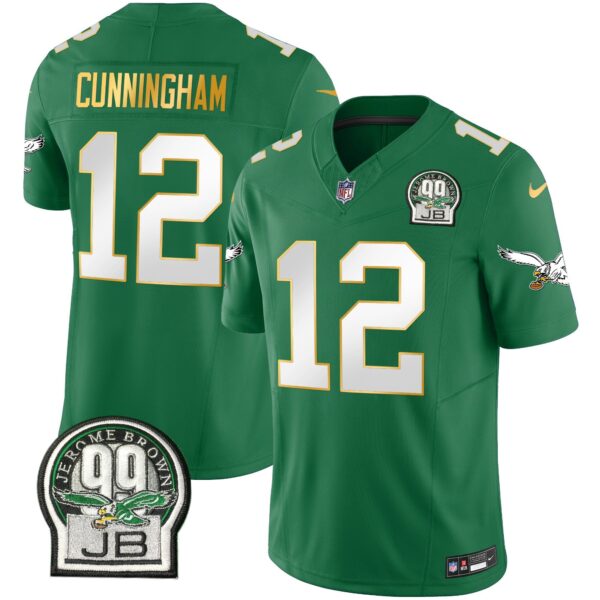 Eagles Jerome Brown Patch Kelly Green Gold Trim Jersey – All Stitched – Kelly Green – Randall Cunningham Jersey
