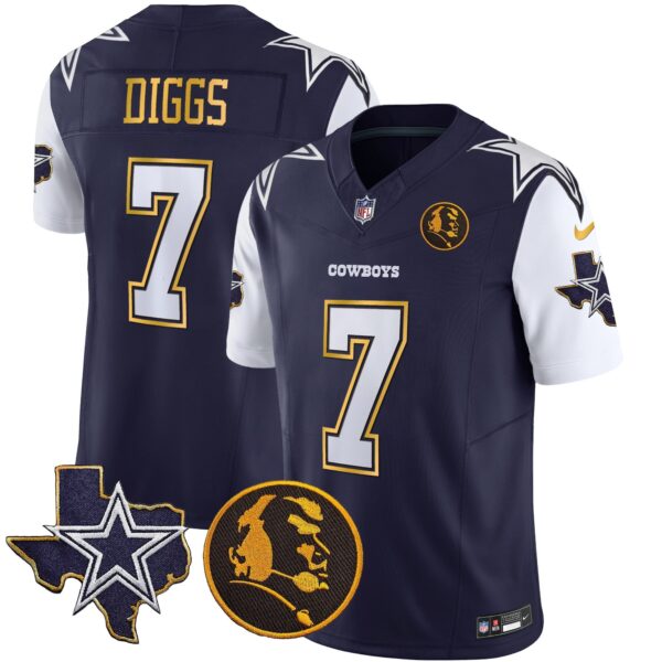 Cowboys Texas & John Madden Patch Gold Trim Vapor Jersey – All Stitched – Navy – Trevon Diggs Jersey