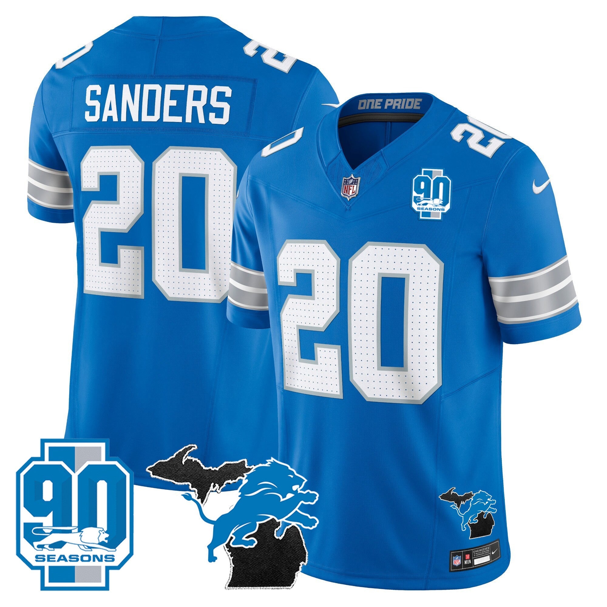 Detroit Lions 2024 Michigan & 90th Year Patch Vapor Jersey – All Stitched – Blue – Barry Sanders Jersey