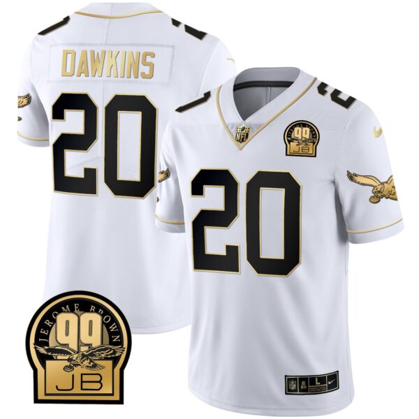 Eagles Jerome Brown Retired Patch Gold & Kelly Jersey – All Stitched – White Gold – Brian Dawkins Jersey