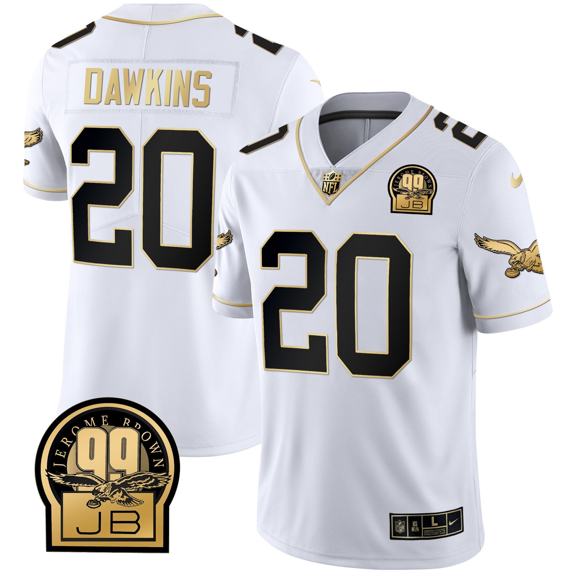 Eagles Jerome Brown Retired Patch Gold & Kelly Jersey – All Stitched – White Gold – Brian Dawkins Jersey
