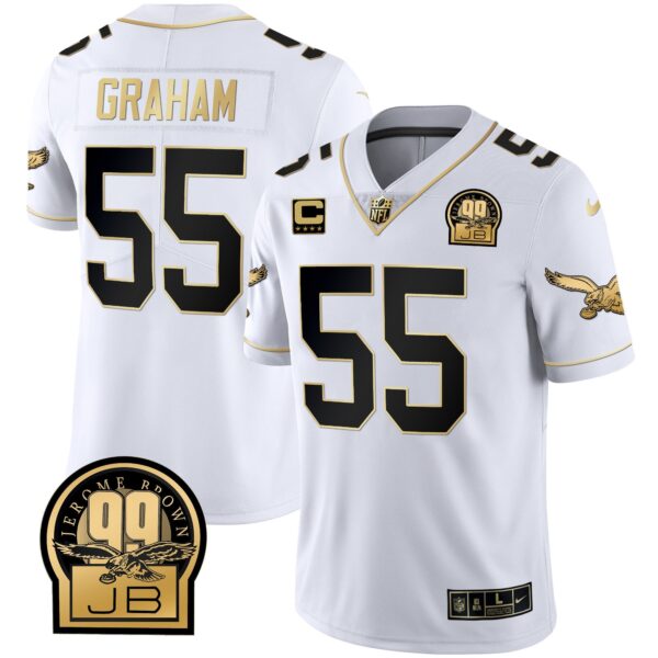 Eagles Jerome Brown Retired Patch Gold & Kelly Jersey – All Stitched – White Gold – Brandon Graham Jersey