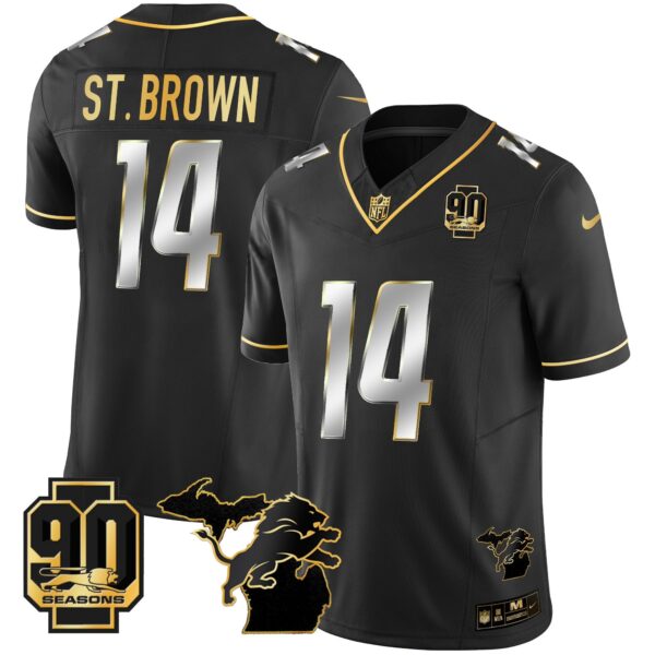 Detroit Lions 90th Year & Michigan Patch Gold Vapor Jersey – All Stitched – Black Limited – St. Brown Jersey