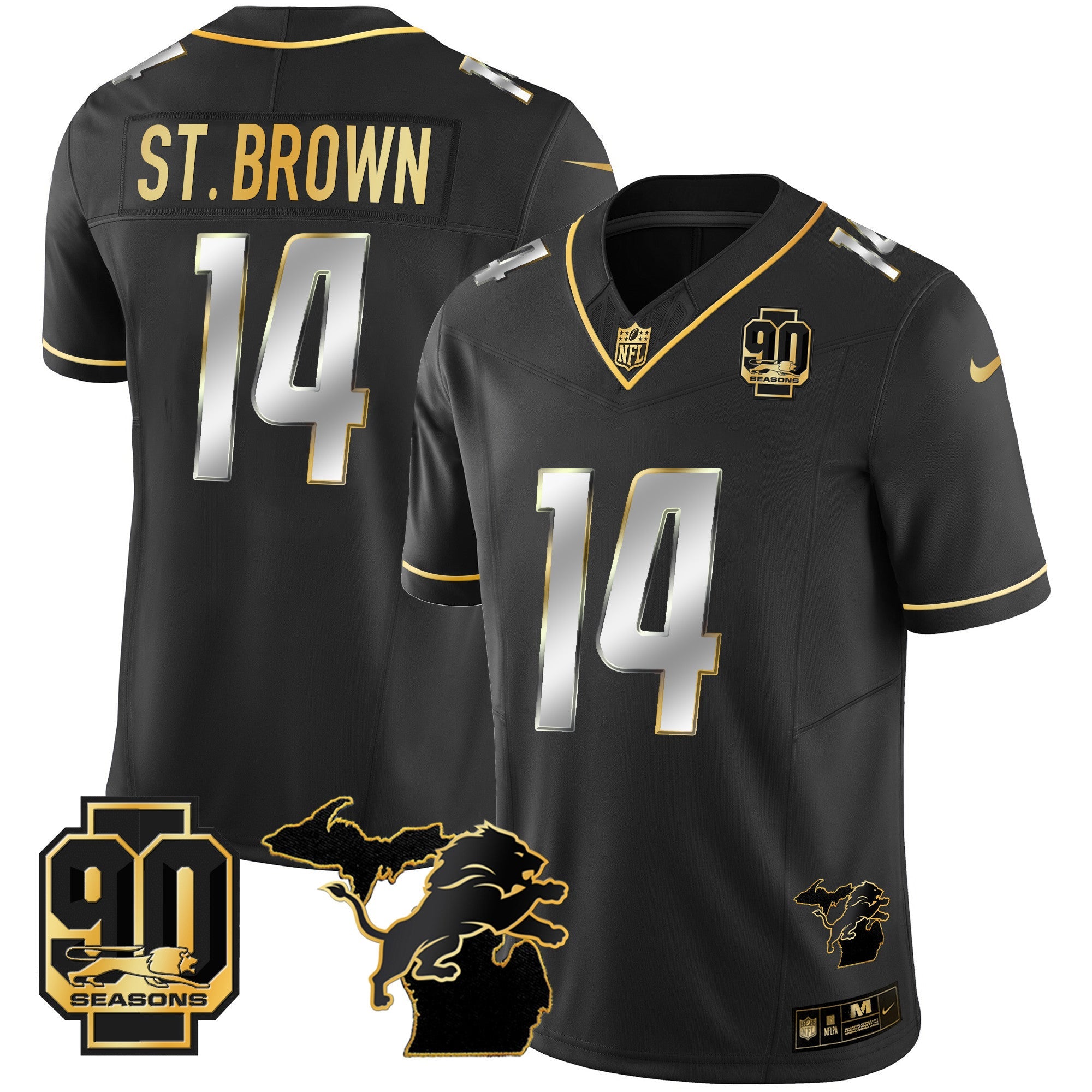 Detroit Lions 90th Year & Michigan Patch Gold Vapor Jersey – All Stitched – Black Limited – St. Brown Jersey