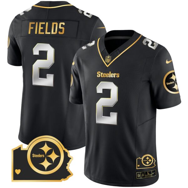 Steelers Home Patch Gold Vapor Jersey – All Stitched – Black Limited – Justin Fields Jersey
