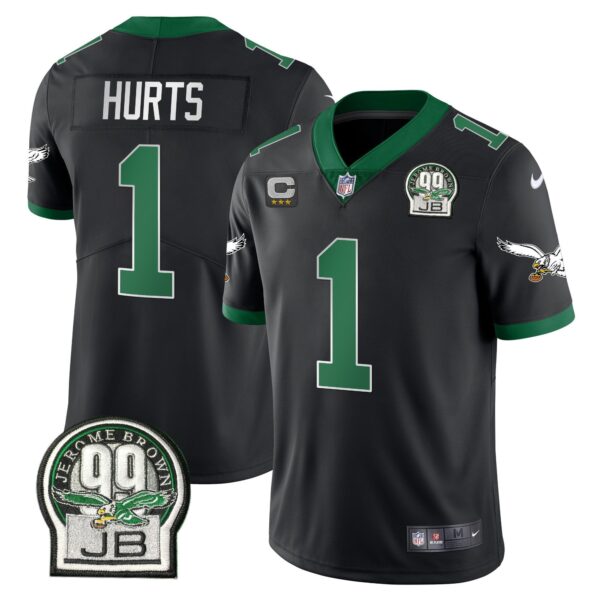 Eagles Jerome Brown Retired Patch Gold & Kelly Jersey – All Stitched – Kelly Black – Jalen Hurts Jersey