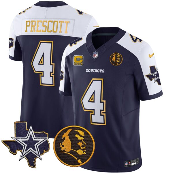 Cowboys Texas & John Madden Patch Gold Trim Vapor Jersey – All Stitched – Navy Alternate – Dak Prescott Jersey