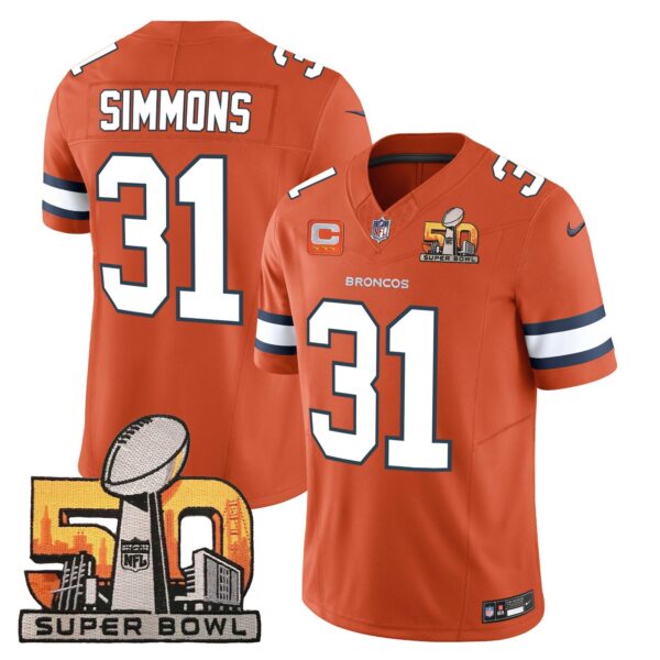 Denver Broncos Super Bowl 50 Patch Vapor Jersey – All Stitched – Orange – Justin Simmons Jersey