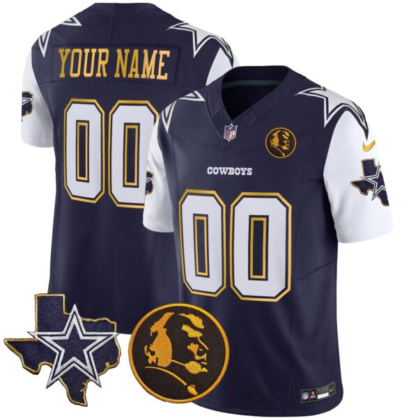 Cowboys Texas & John Madden Patch Gold Trim Vapor Custom Jersey – All Stitched – Navy Jersey