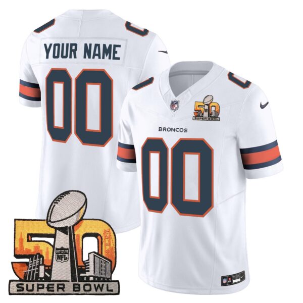Denver Broncos Super Bowl 50 Patch Vapor Custom Jersey – All Stitched – White Jersey