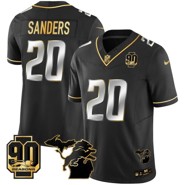 Detroit Lions 90th Year & Michigan Patch Gold Vapor Jersey – All Stitched – Black Limited – Barry Sanders Jersey