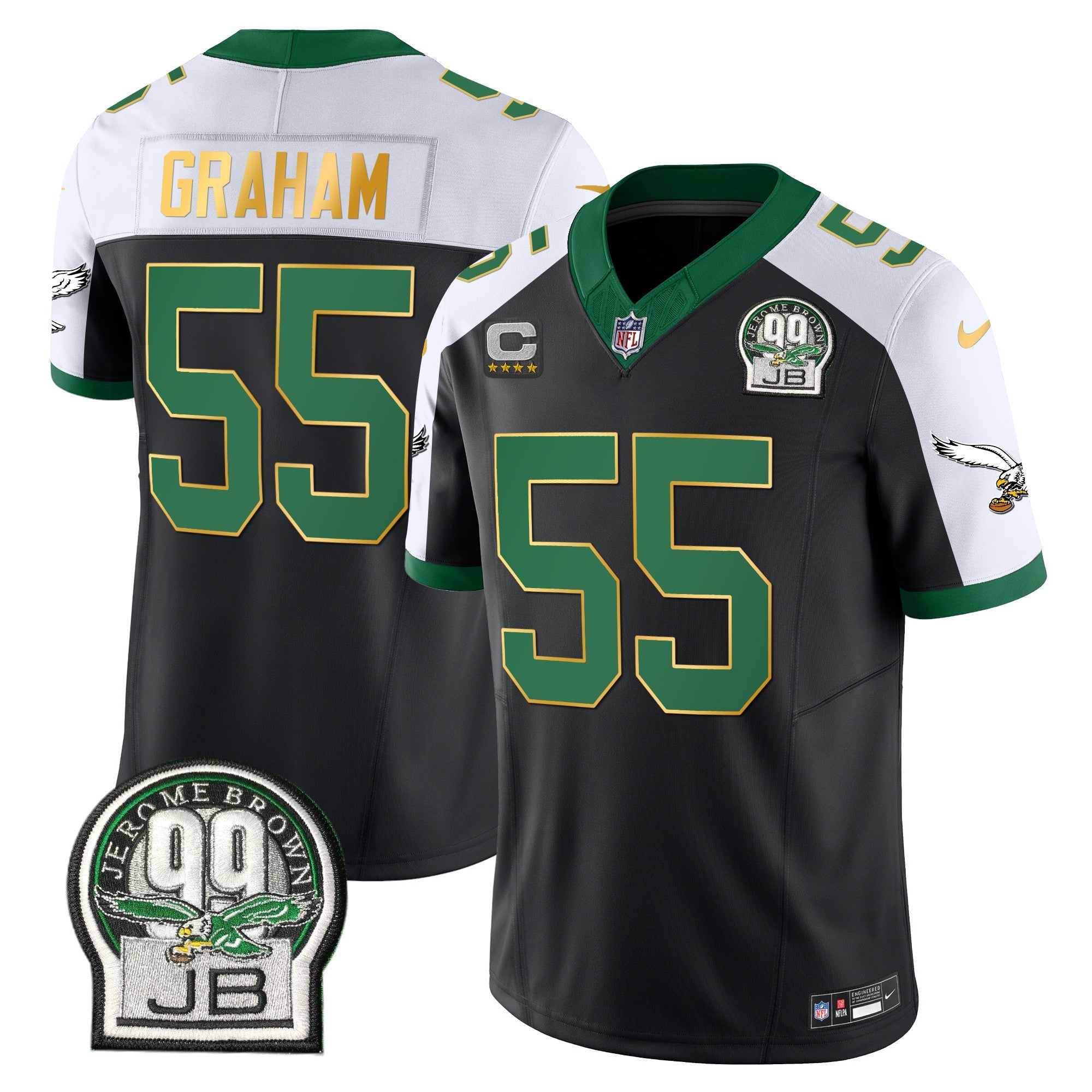 Eagles Jerome Brown Patch Kelly Green Gold Trim Jersey – All Stitched – Black Alternate – Brandon Graham Jersey