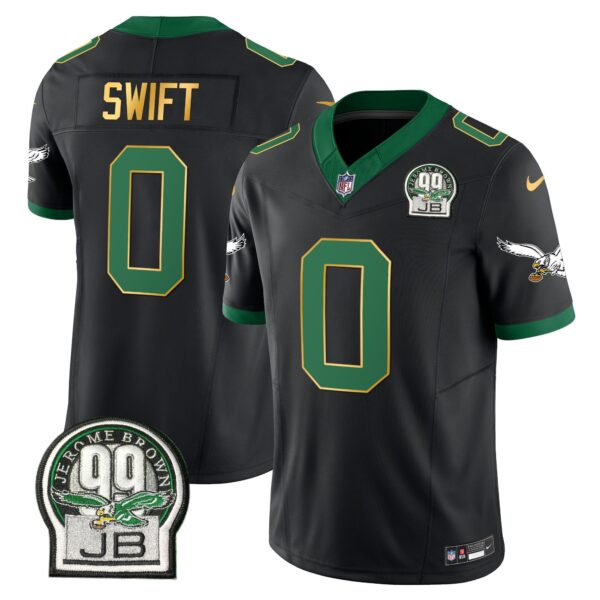 Eagles Jerome Brown Patch Kelly Green Gold Trim Jersey – All Stitched – Black – D’Andre Swift Jersey