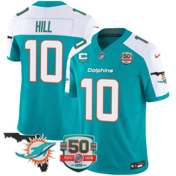 Dolphins 50th Perfect Season & Florida Patch Vapor Jersey – All Stitched – Aqua Alternate – Tyreek Hill Jersey