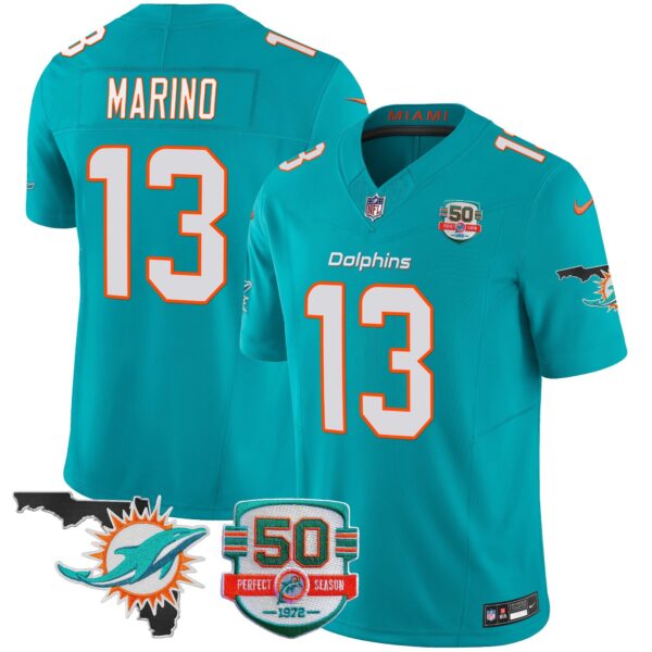 Dolphins 50th Perfect Season & Florida Patch Vapor Jersey – All Stitched – Aqua – Dan Marino Jersey