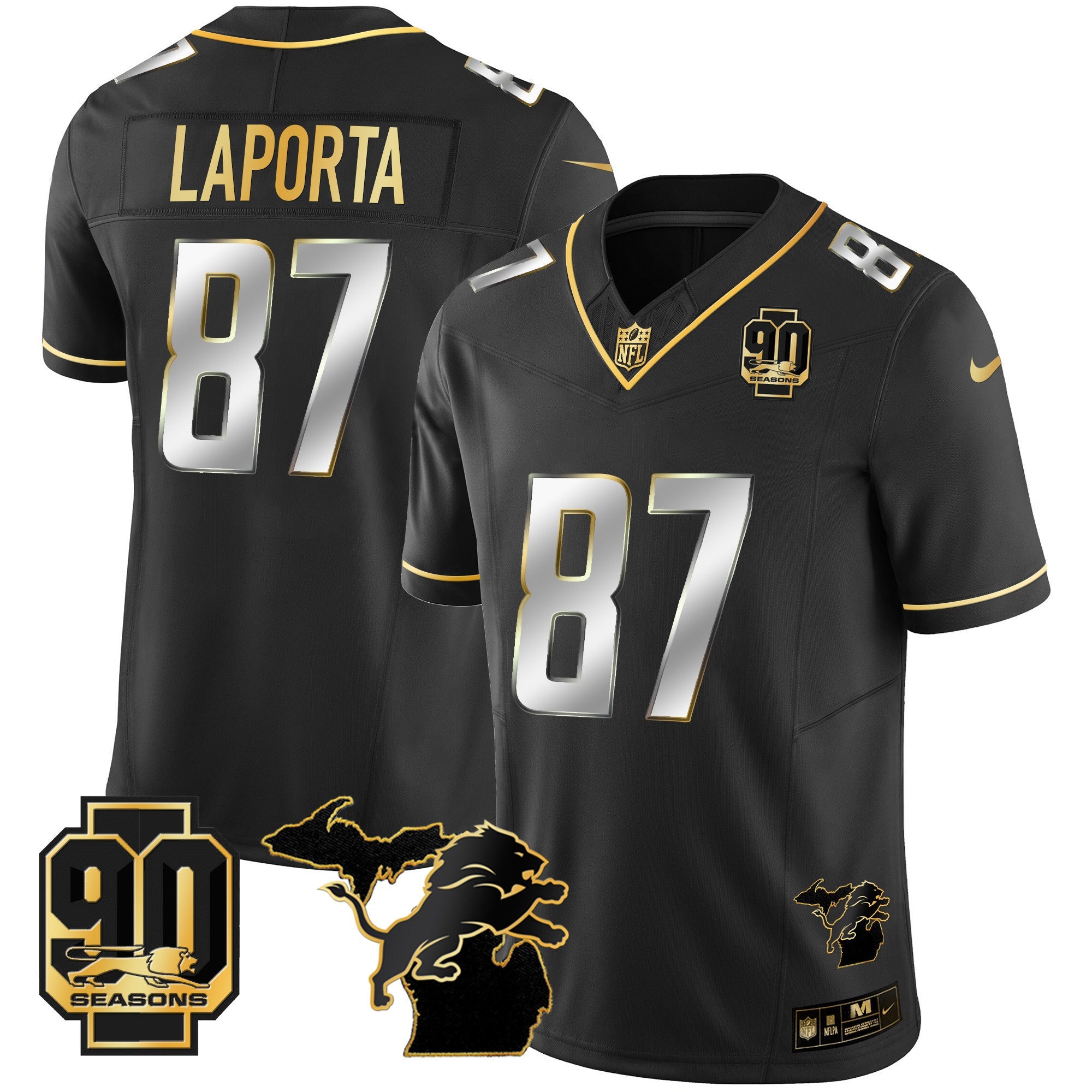 Detroit Lions 90th Year & Michigan Patch Gold Vapor Jersey – All Stitched – Black Limited – Sam Laporta Jersey